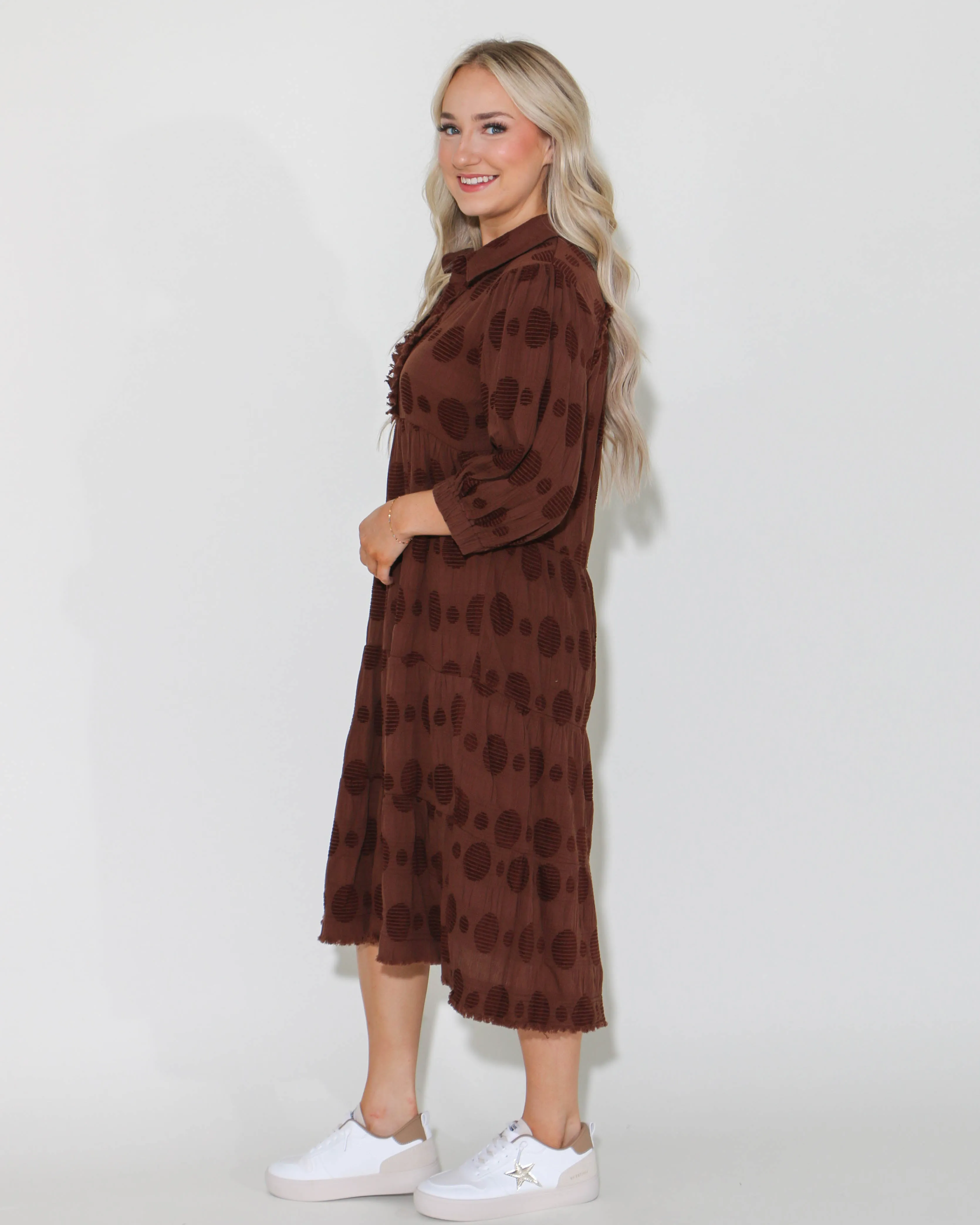 Solid Dotted V-Neck Tiered Midi Dress In Brown
