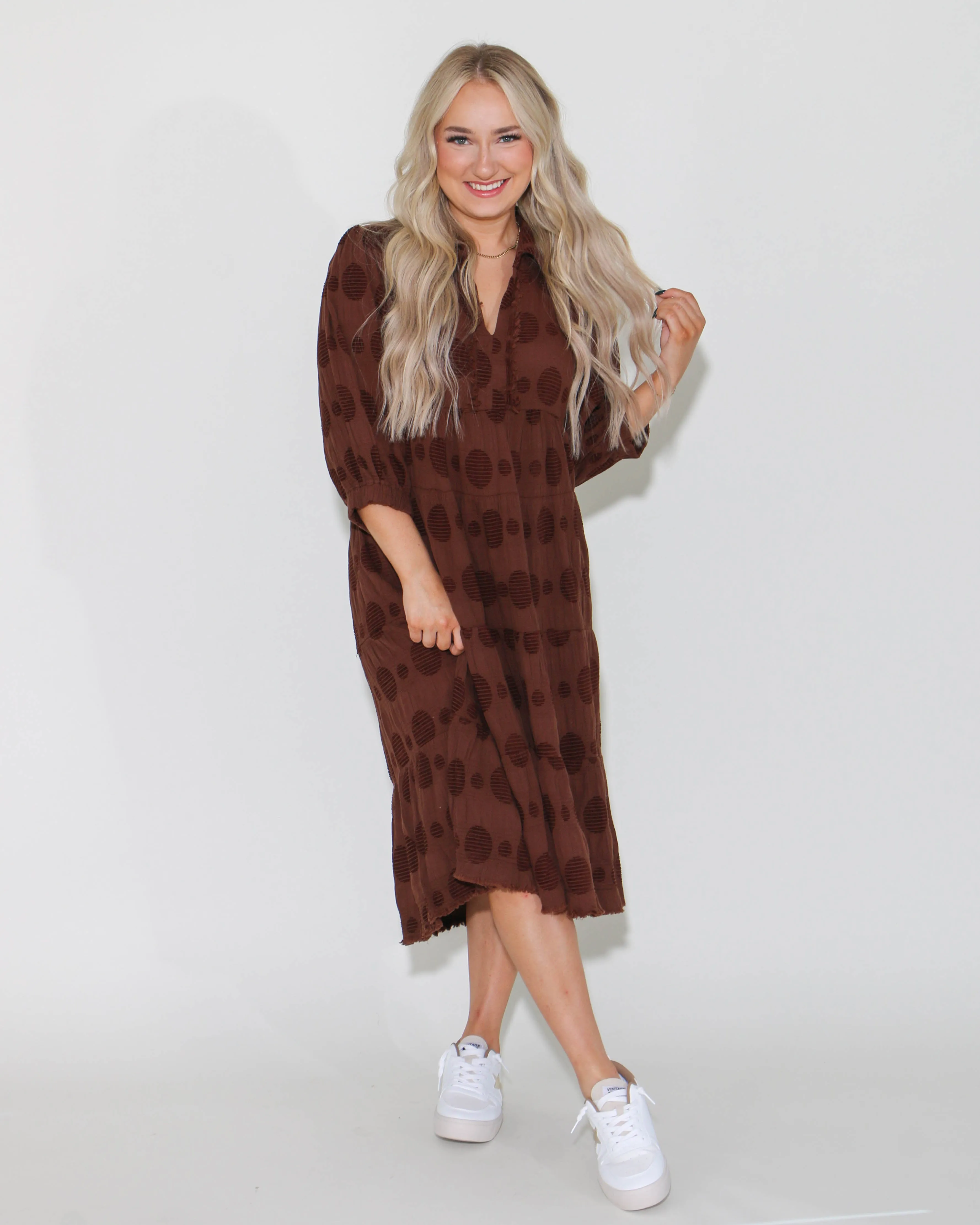 Solid Dotted V-Neck Tiered Midi Dress In Brown