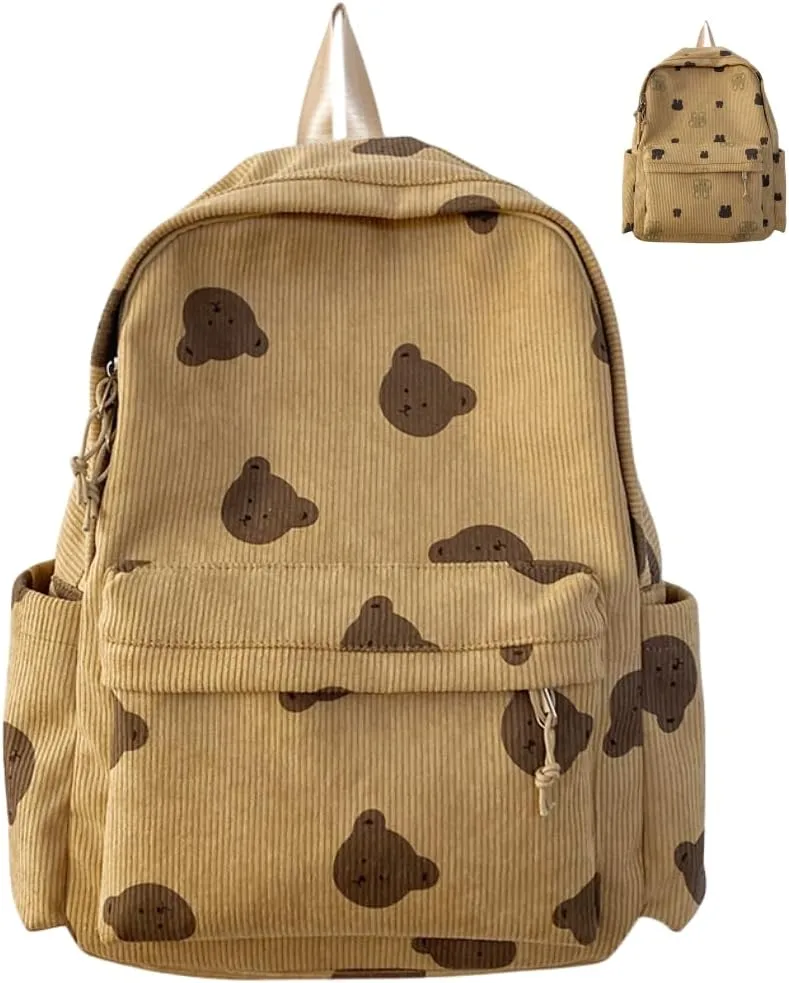 Stylish and Spacious Corduroy Backpack with Adorable Brown Bear Rabbit Print Laptop Carry On (Brown Bear)
