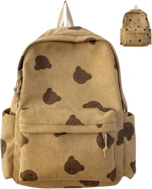 Stylish and Spacious Corduroy Backpack with Adorable Brown Bear Rabbit Print Laptop Carry On (Brown Bear)