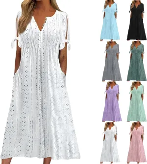Summer Beach Dresses for Women 2025 Vacation Short Sleeve V Neck Midi Eyelet Dress Hollow Beachy Sundress with Pocket