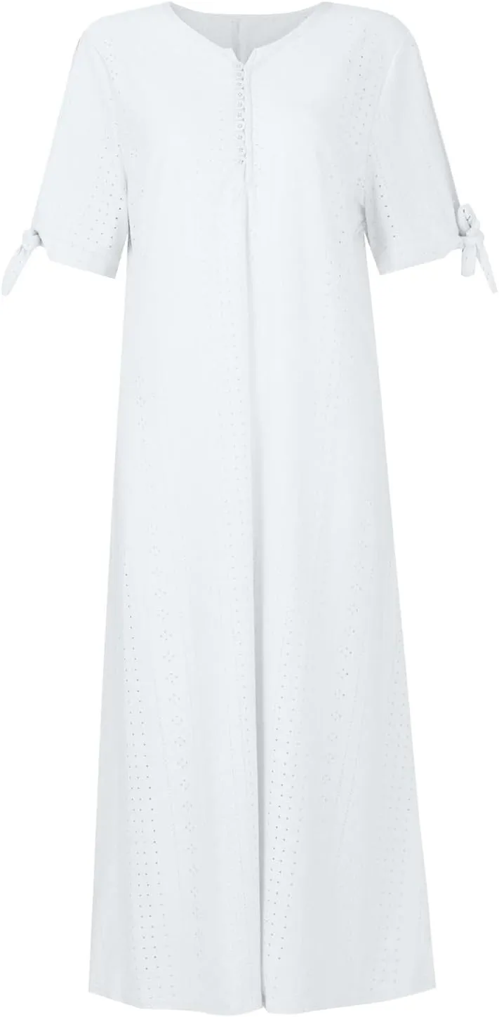 Summer Beach Dresses for Women 2025 Vacation Short Sleeve V Neck Midi Eyelet Dress Hollow Beachy Sundress with Pocket
