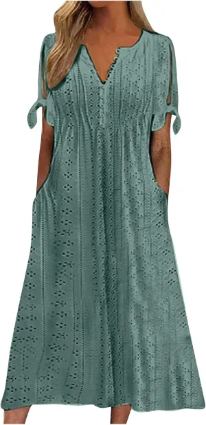 Summer Beach Dresses for Women 2025 Vacation Short Sleeve V Neck Midi Eyelet Dress Hollow Beachy Sundress with Pocket