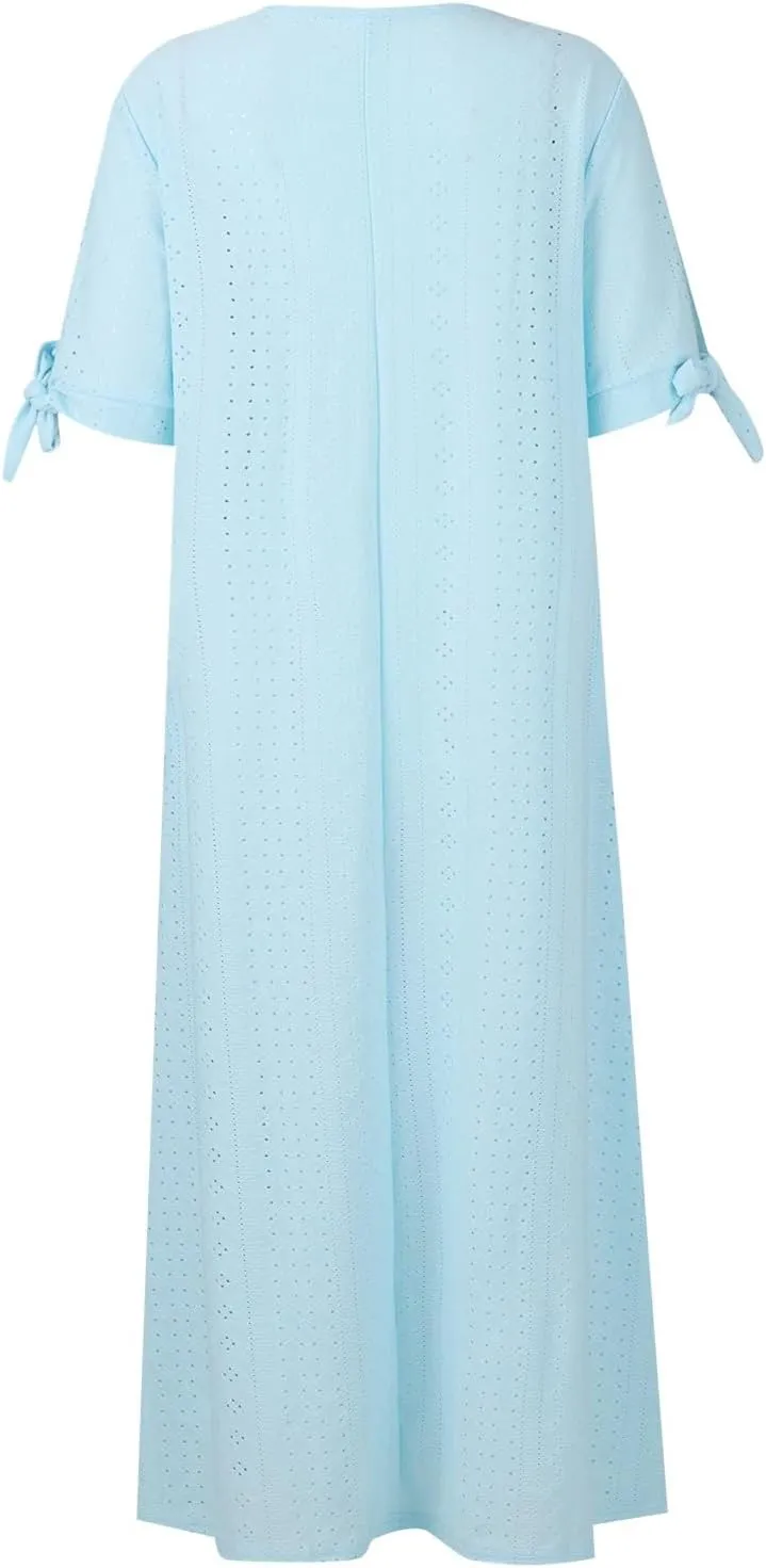 Summer Beach Dresses for Women 2025 Vacation Short Sleeve V Neck Midi Eyelet Dress Hollow Beachy Sundress with Pocket