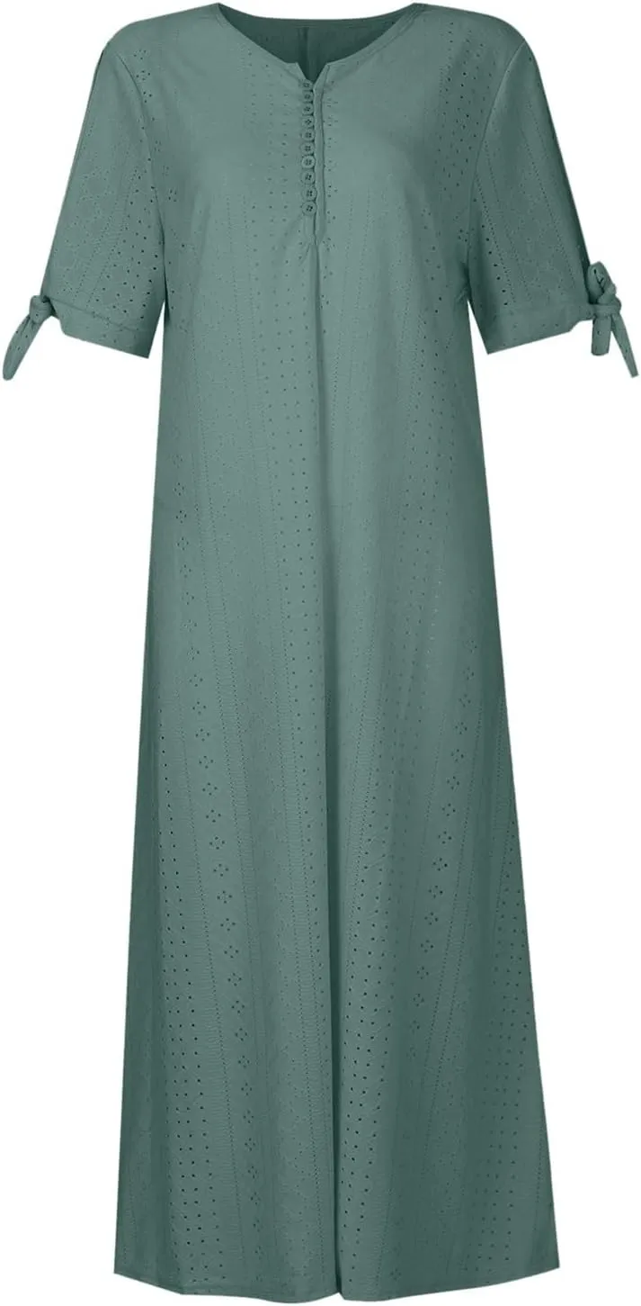 Summer Beach Dresses for Women 2025 Vacation Short Sleeve V Neck Midi Eyelet Dress Hollow Beachy Sundress with Pocket