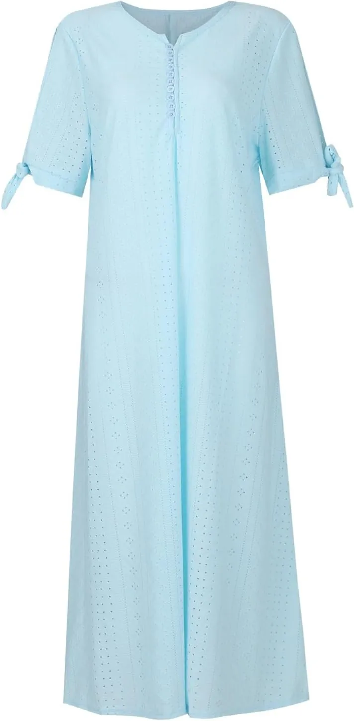 Summer Beach Dresses for Women 2025 Vacation Short Sleeve V Neck Midi Eyelet Dress Hollow Beachy Sundress with Pocket