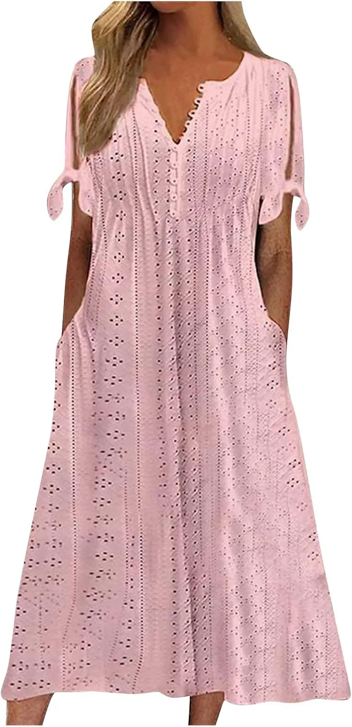 Summer Beach Dresses for Women 2025 Vacation Short Sleeve V Neck Midi Eyelet Dress Hollow Beachy Sundress with Pocket