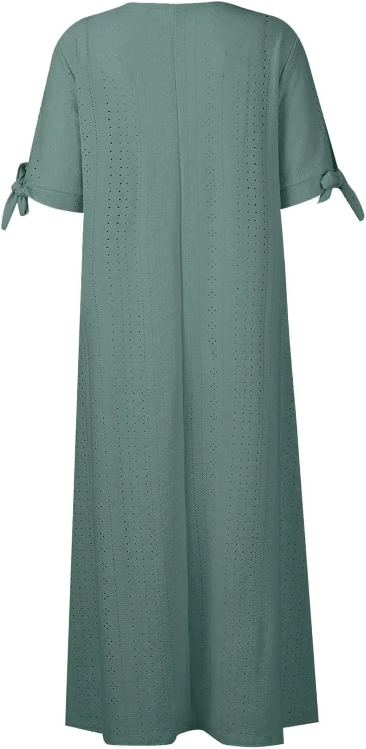 Summer Beach Dresses for Women 2025 Vacation Short Sleeve V Neck Midi Eyelet Dress Hollow Beachy Sundress with Pocket