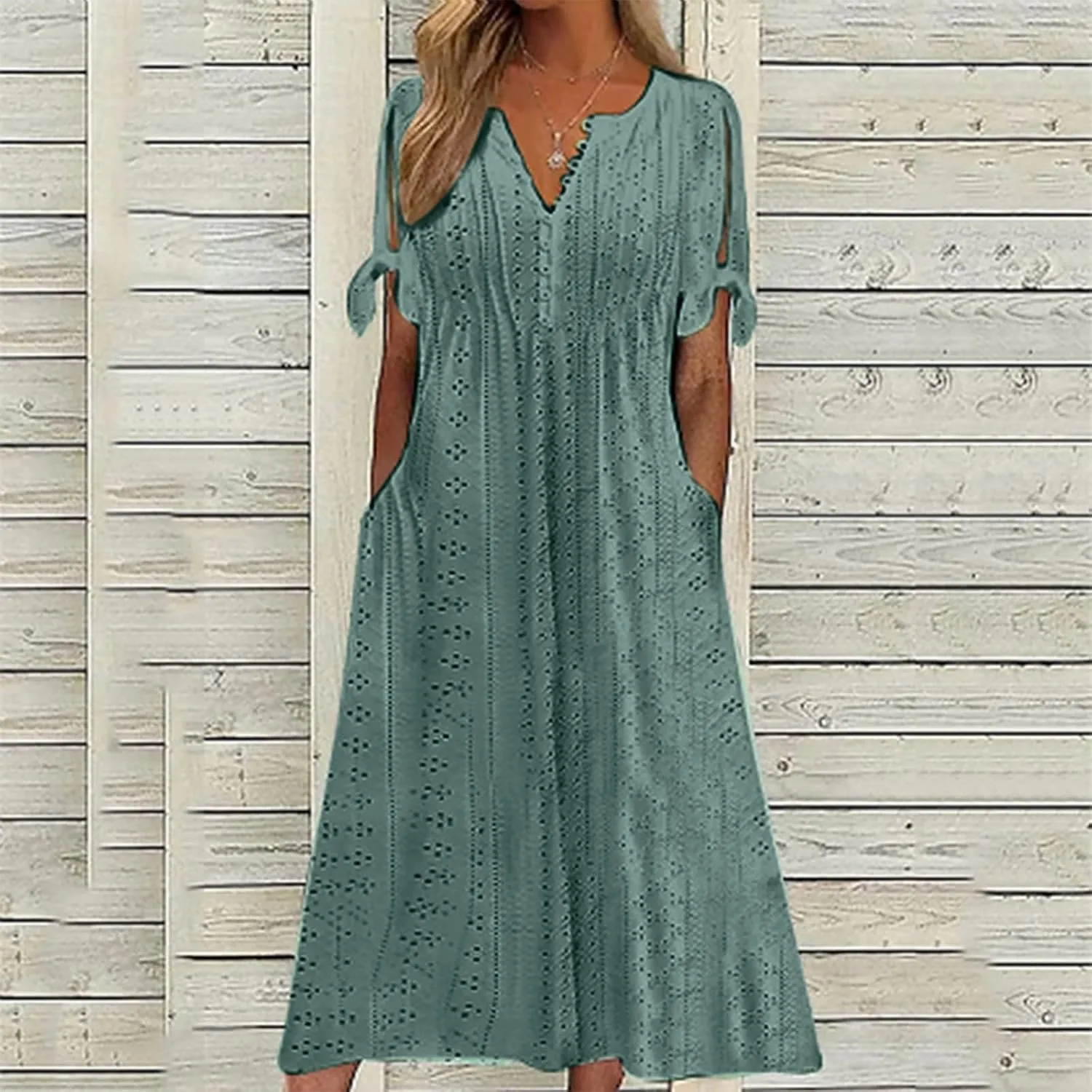 Summer Beach Dresses for Women 2025 Vacation Short Sleeve V Neck Midi Eyelet Dress Hollow Beachy Sundress with Pocket