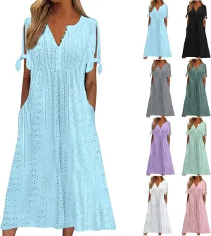 Summer Beach Dresses for Women 2025 Vacation Short Sleeve V Neck Midi Eyelet Dress Hollow Beachy Sundress with Pocket