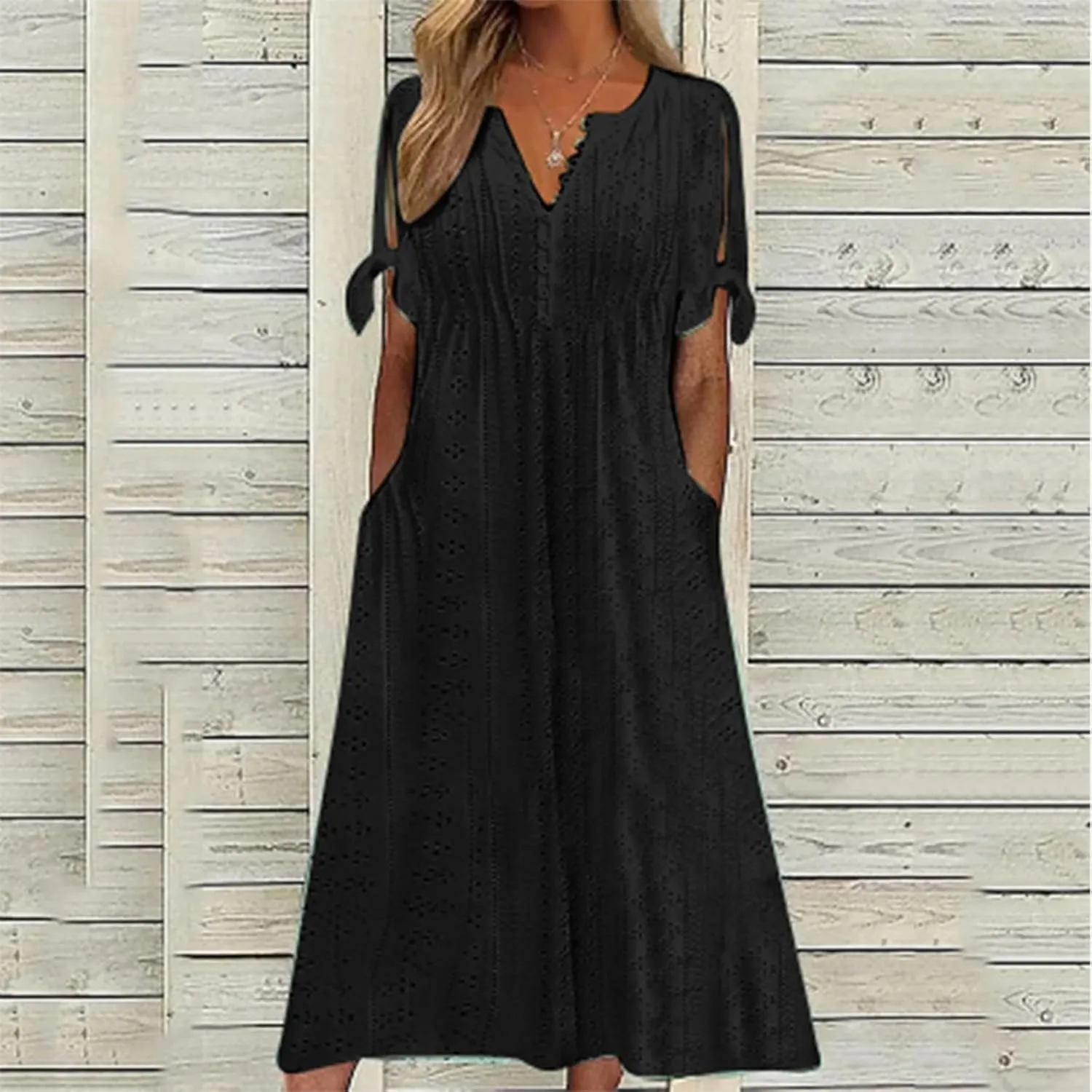 Summer Beach Dresses for Women 2025 Vacation Short Sleeve V Neck Midi Eyelet Dress Hollow Beachy Sundress with Pocket