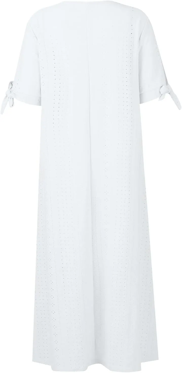 Summer Beach Dresses for Women 2025 Vacation Short Sleeve V Neck Midi Eyelet Dress Hollow Beachy Sundress with Pocket
