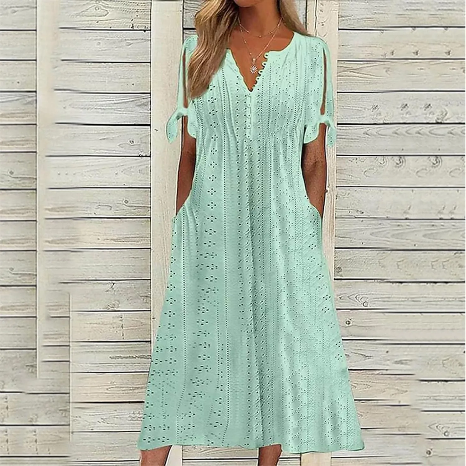 Summer Beach Dresses for Women 2025 Vacation Short Sleeve V Neck Midi Eyelet Dress Hollow Beachy Sundress with Pocket