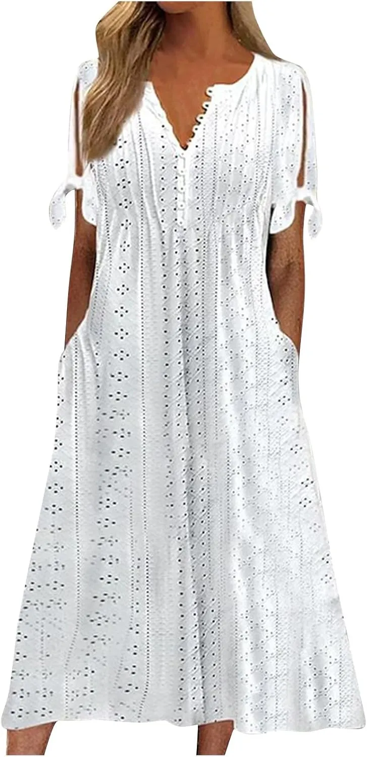 Summer Beach Dresses for Women 2025 Vacation Short Sleeve V Neck Midi Eyelet Dress Hollow Beachy Sundress with Pocket