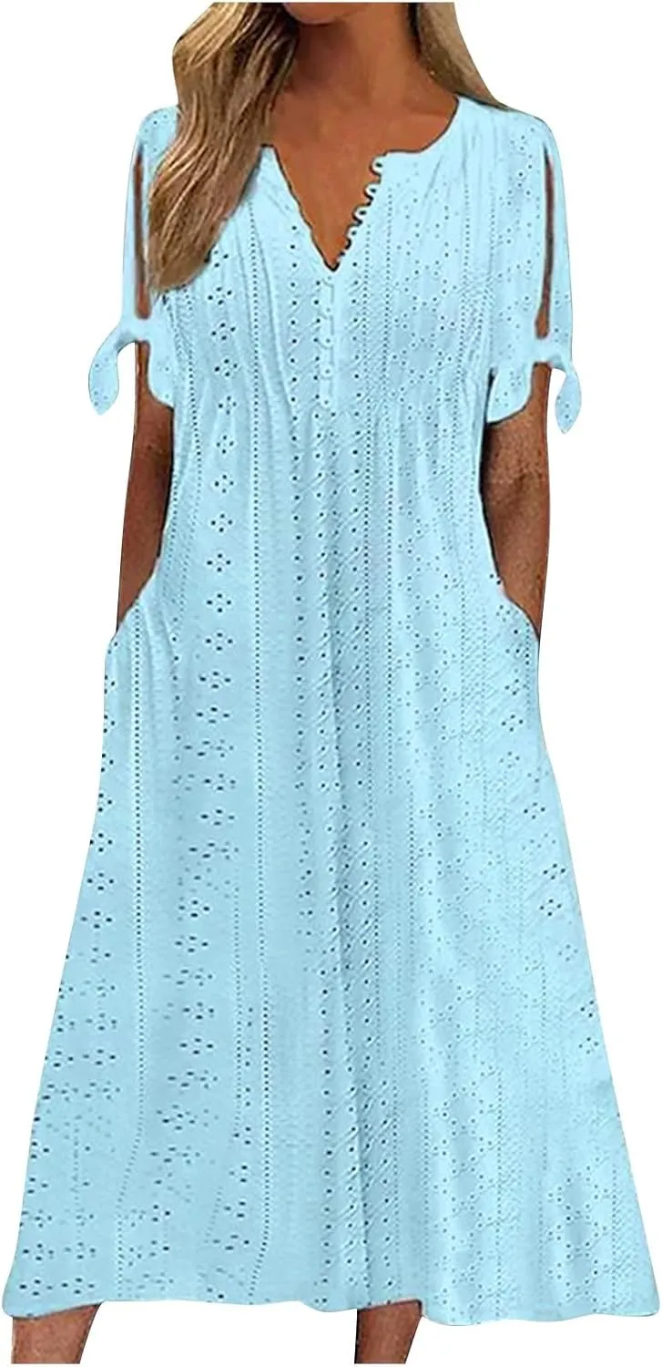 Summer Beach Dresses for Women 2025 Vacation Short Sleeve V Neck Midi Eyelet Dress Hollow Beachy Sundress with Pocket