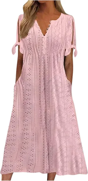 Summer Beach Dresses for Women 2025 Vacation Short Sleeve V Neck Midi Eyelet Dress Hollow Beachy Sundress with Pocket