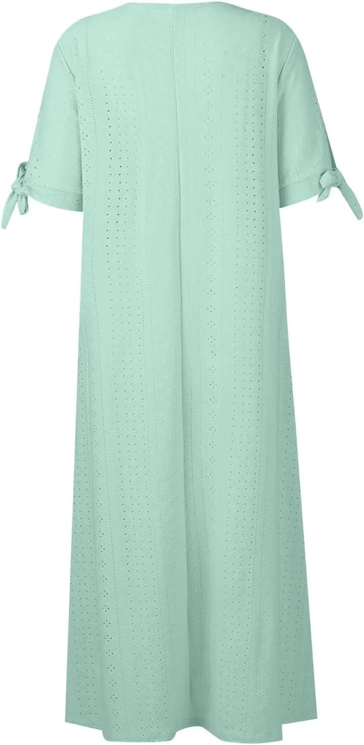 Summer Beach Dresses for Women 2025 Vacation Short Sleeve V Neck Midi Eyelet Dress Hollow Beachy Sundress with Pocket