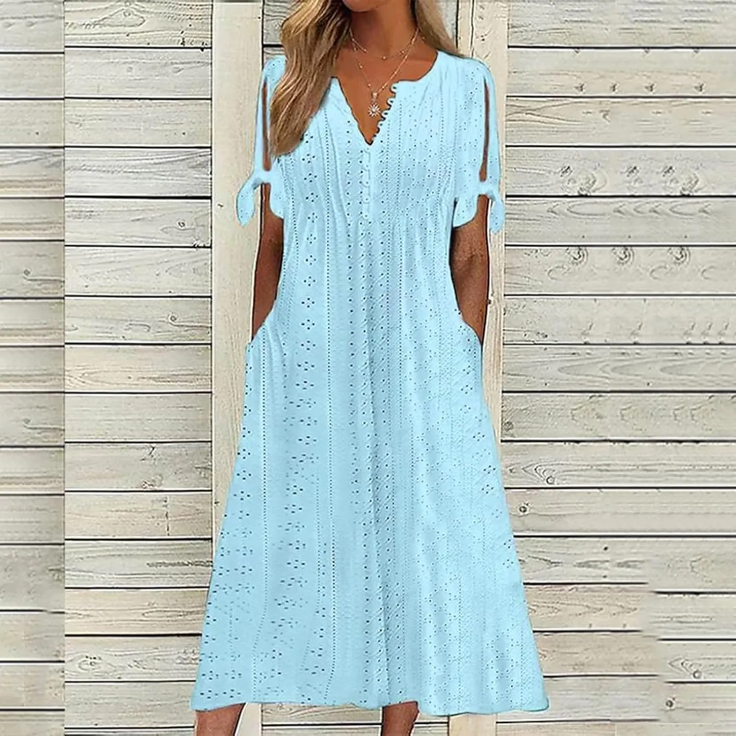 Summer Beach Dresses for Women 2025 Vacation Short Sleeve V Neck Midi Eyelet Dress Hollow Beachy Sundress with Pocket