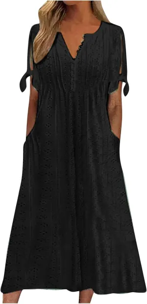 Summer Beach Dresses for Women 2025 Vacation Short Sleeve V Neck Midi Eyelet Dress Hollow Beachy Sundress with Pocket