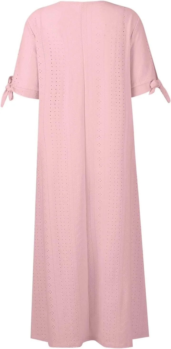 Summer Beach Dresses for Women 2025 Vacation Short Sleeve V Neck Midi Eyelet Dress Hollow Beachy Sundress with Pocket