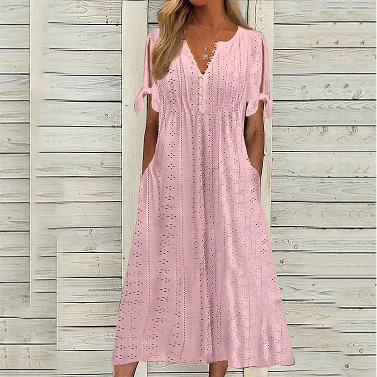 Summer Beach Dresses for Women 2025 Vacation Short Sleeve V Neck Midi Eyelet Dress Hollow Beachy Sundress with Pocket