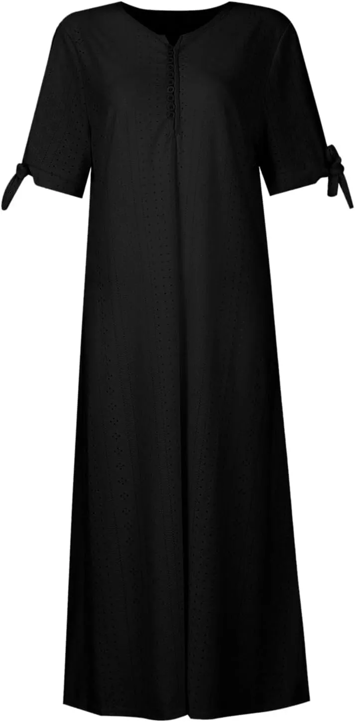 Summer Beach Dresses for Women 2025 Vacation Short Sleeve V Neck Midi Eyelet Dress Hollow Beachy Sundress with Pocket