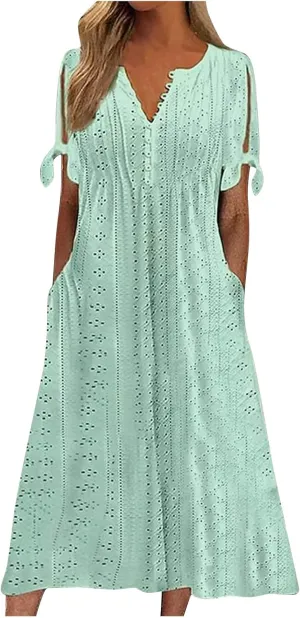 Summer Beach Dresses for Women 2025 Vacation Short Sleeve V Neck Midi Eyelet Dress Hollow Beachy Sundress with Pocket