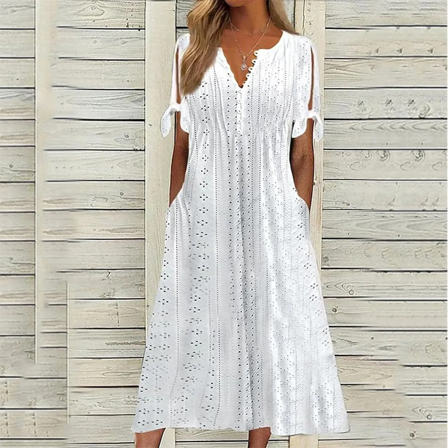 Summer Beach Dresses for Women 2025 Vacation Short Sleeve V Neck Midi Eyelet Dress Hollow Beachy Sundress with Pocket