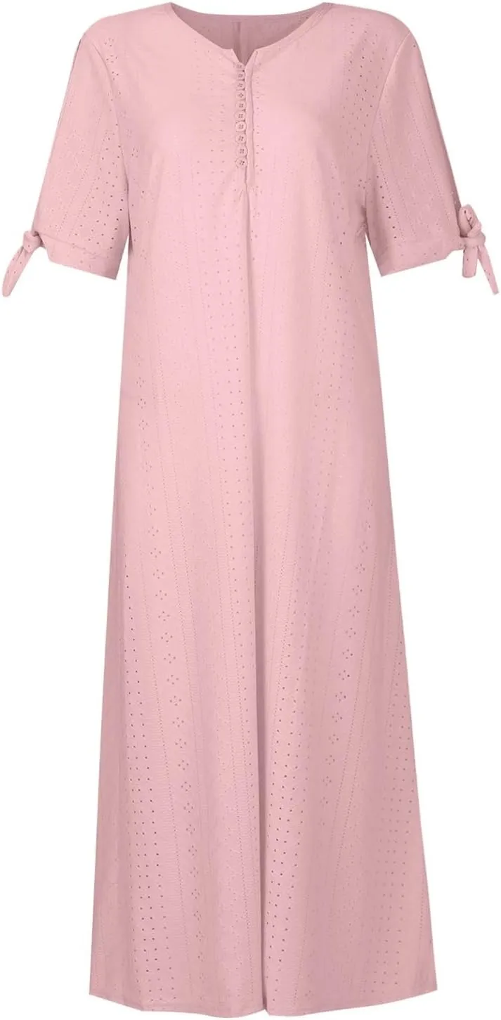 Summer Beach Dresses for Women 2025 Vacation Short Sleeve V Neck Midi Eyelet Dress Hollow Beachy Sundress with Pocket