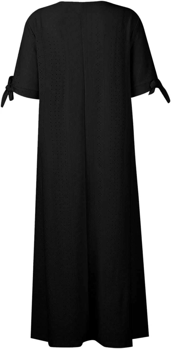 Summer Beach Dresses for Women 2025 Vacation Short Sleeve V Neck Midi Eyelet Dress Hollow Beachy Sundress with Pocket