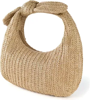 Summer Clutch Purse for Women Beige Woven Bag Bow Decor Handbag Large Capacity Beachy Purse