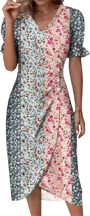 Summer Dresses for Women 2024 Spring Trendy Elegant Wrap V Neck Floral Boho Dress Flowy Ruched Hawaiian Beach Maxi