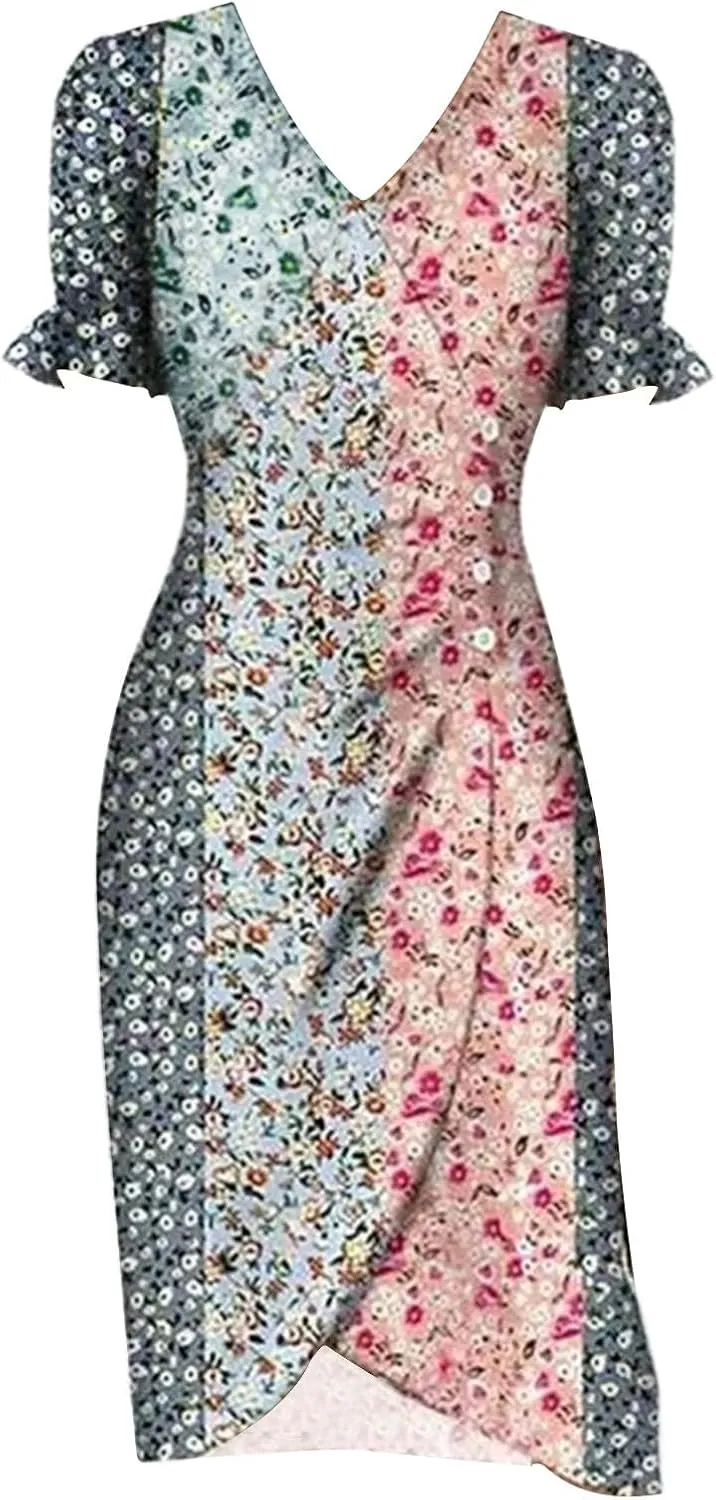 Summer Dresses for Women 2024 Spring Trendy Elegant Wrap V Neck Floral Boho Dress Flowy Ruched Hawaiian Beach Maxi