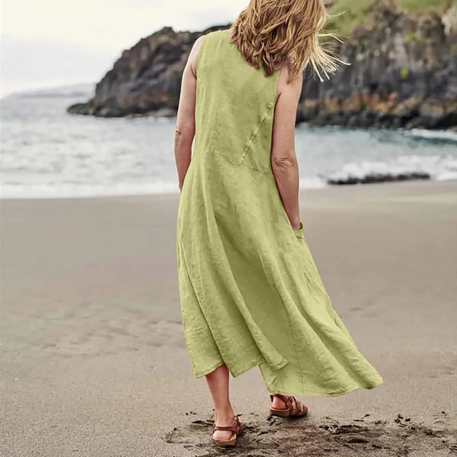 Summer Dresses for Women 2025 Casual Print Boho Sundress Crew Neck Sleeveless Pockets Beach Vacation Maxi Dresses