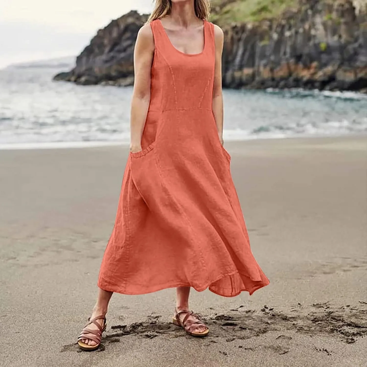 Summer Dresses for Women 2025 Casual Print Boho Sundress Crew Neck Sleeveless Pockets Beach Vacation Maxi Dresses