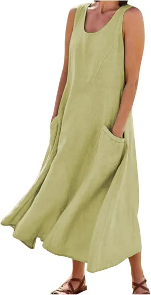 Summer Dresses for Women 2025 Casual Print Boho Sundress Crew Neck Sleeveless Pockets Beach Vacation Maxi Dresses
