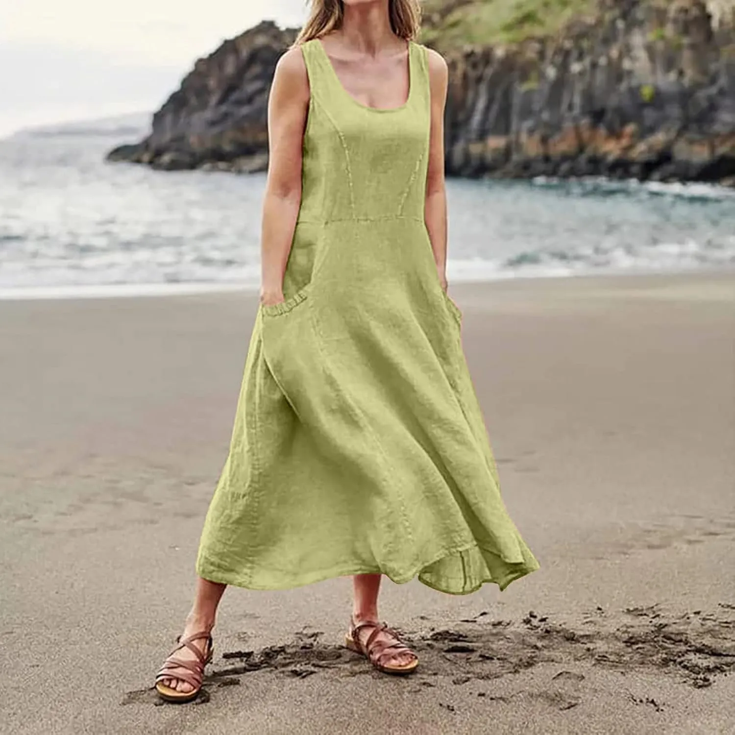 Summer Dresses for Women 2025 Casual Print Boho Sundress Crew Neck Sleeveless Pockets Beach Vacation Maxi Dresses