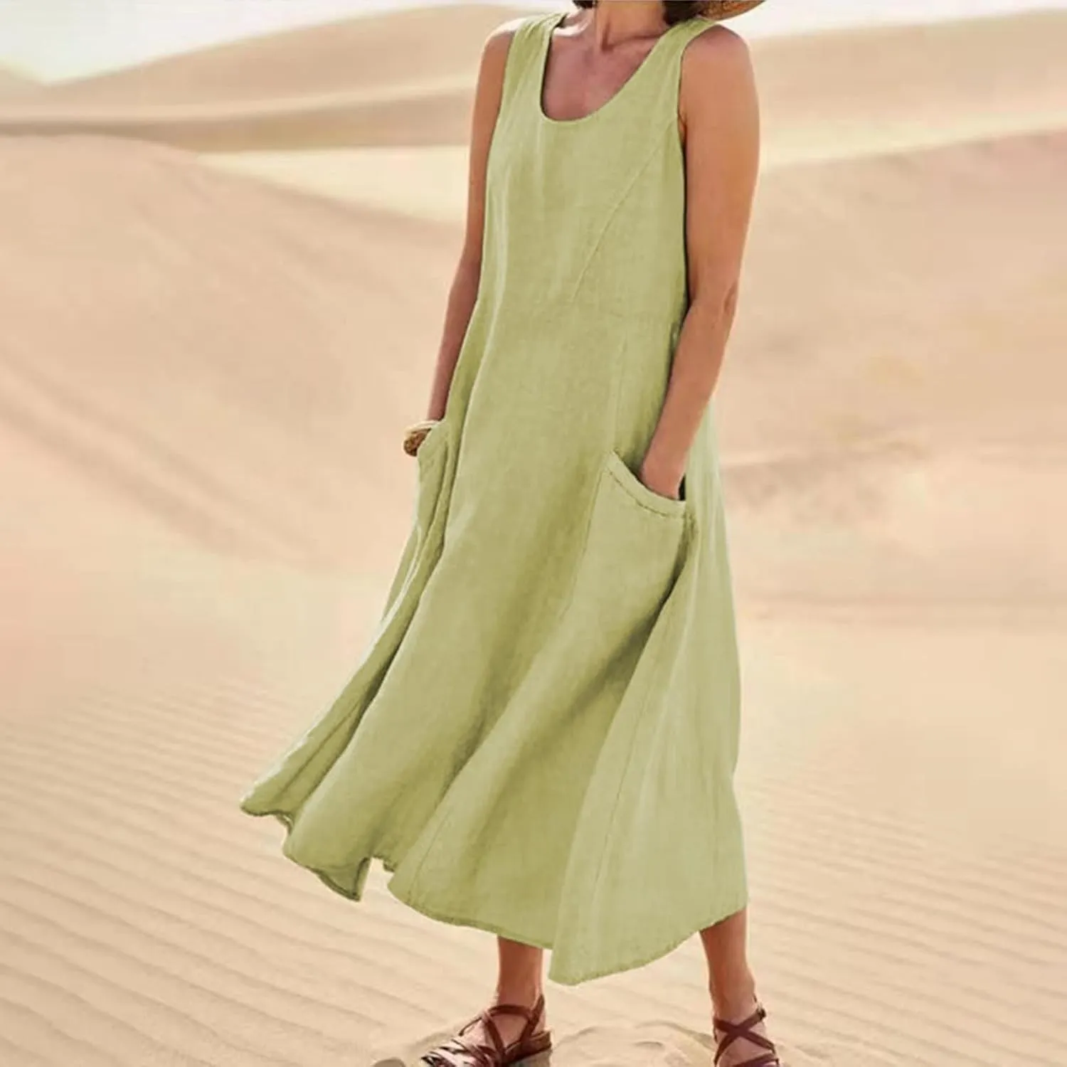 Summer Dresses for Women 2025 Casual Print Boho Sundress Crew Neck Sleeveless Pockets Beach Vacation Maxi Dresses