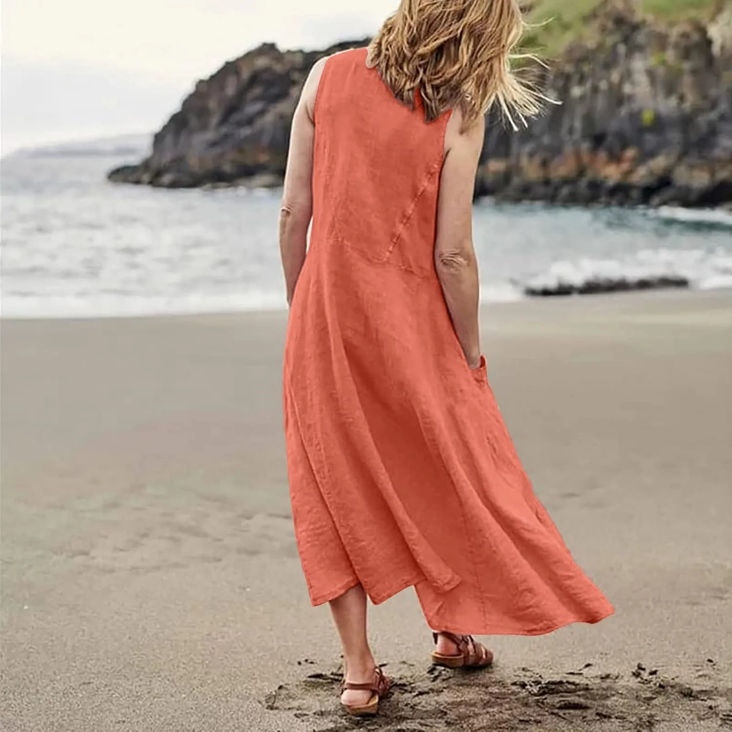 Summer Dresses for Women 2025 Casual Print Boho Sundress Crew Neck Sleeveless Pockets Beach Vacation Maxi Dresses