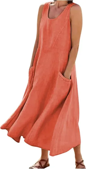 Summer Dresses for Women 2025 Casual Print Boho Sundress Crew Neck Sleeveless Pockets Beach Vacation Maxi Dresses