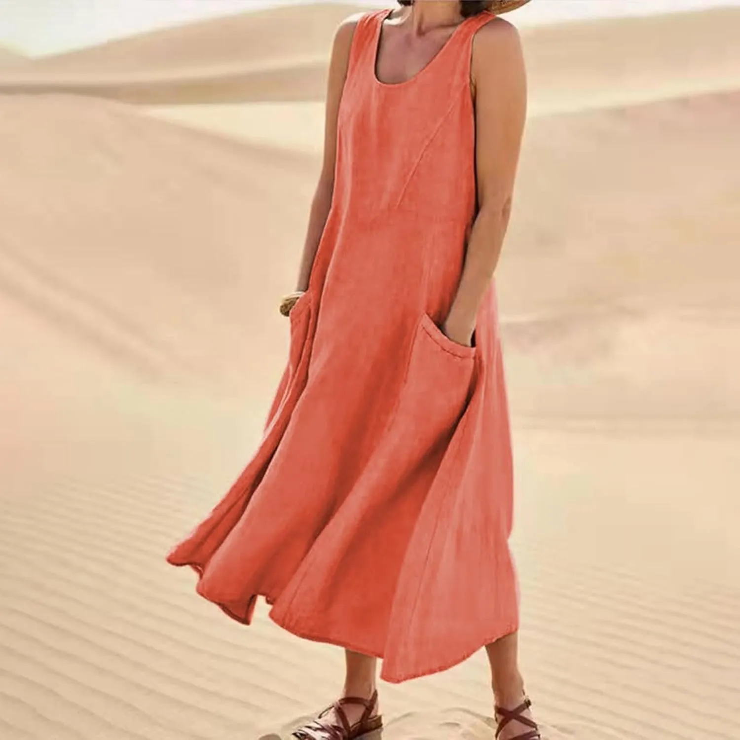 Summer Dresses for Women 2025 Casual Print Boho Sundress Crew Neck Sleeveless Pockets Beach Vacation Maxi Dresses