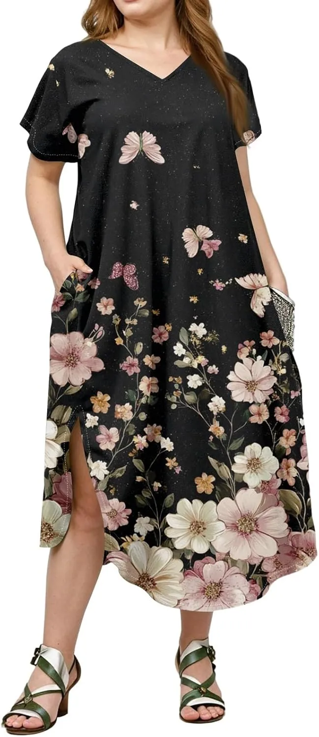 Summer Dresses for Women 2025 Maxi Split Hem Short Sleeve Beachy Dresses with Pockets Trendy Resort V-Neck Outfits