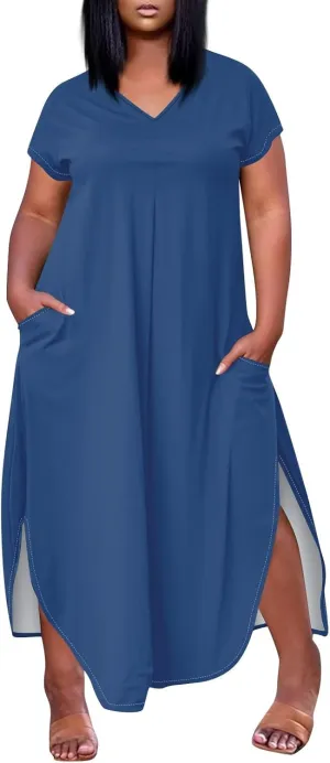 Summer Dresses for Women 2025 Maxi Split Hem Short Sleeve Beachy Dresses with Pockets Trendy Resort V-Neck Outfits
