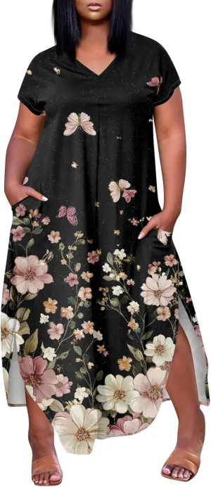 Summer Dresses for Women 2025 Maxi Split Hem Short Sleeve Beachy Dresses with Pockets Trendy Resort V-Neck Outfits