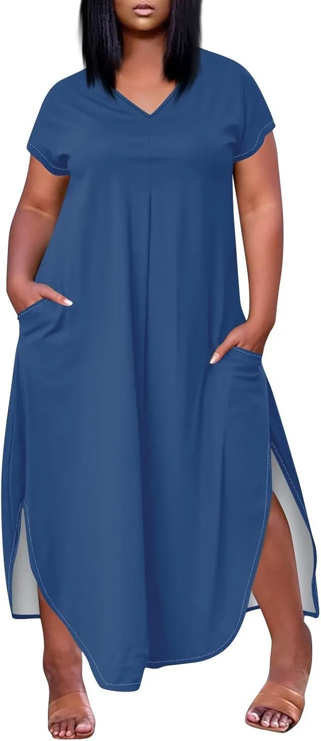 Summer Dresses for Women 2025 Maxi Split Hem Short Sleeve Beachy Dresses with Pockets Trendy Resort V-Neck Outfits