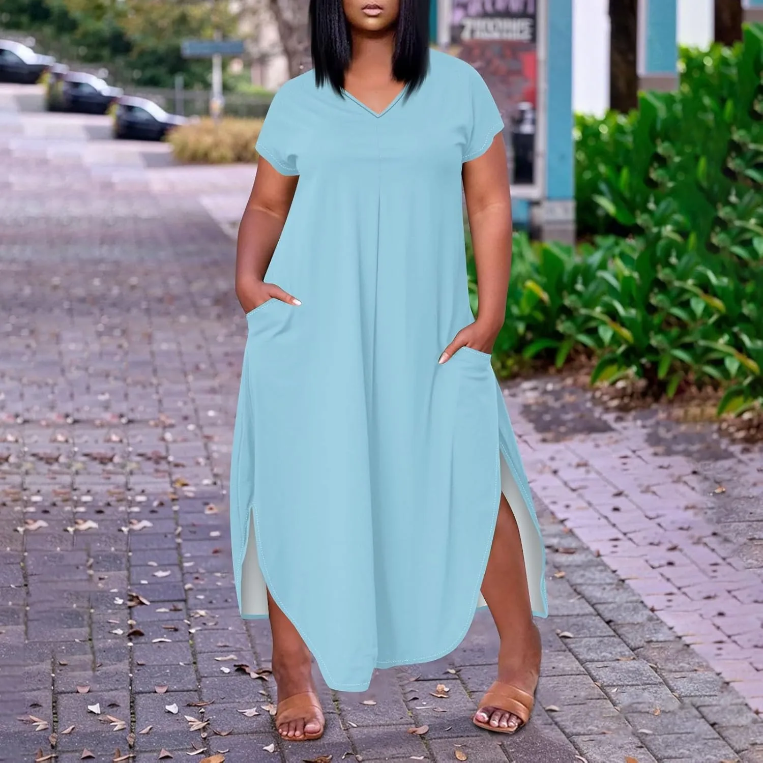 Summer Dresses for Women 2025 Maxi Split Hem Short Sleeve Beachy Dresses with Pockets Trendy Resort V-Neck Outfits
