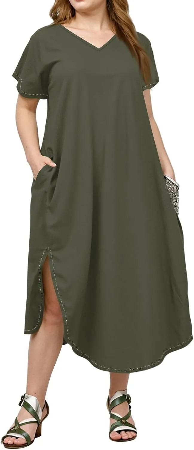 Summer Dresses for Women 2025 Maxi Split Hem Short Sleeve Beachy Dresses with Pockets Trendy Resort V-Neck Outfits
