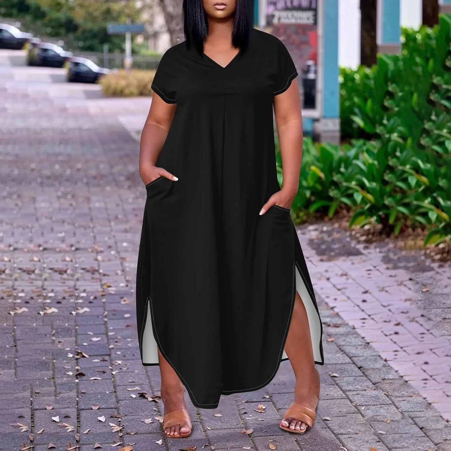Summer Dresses for Women 2025 Maxi Split Hem Short Sleeve Beachy Dresses with Pockets Trendy Resort V-Neck Outfits
