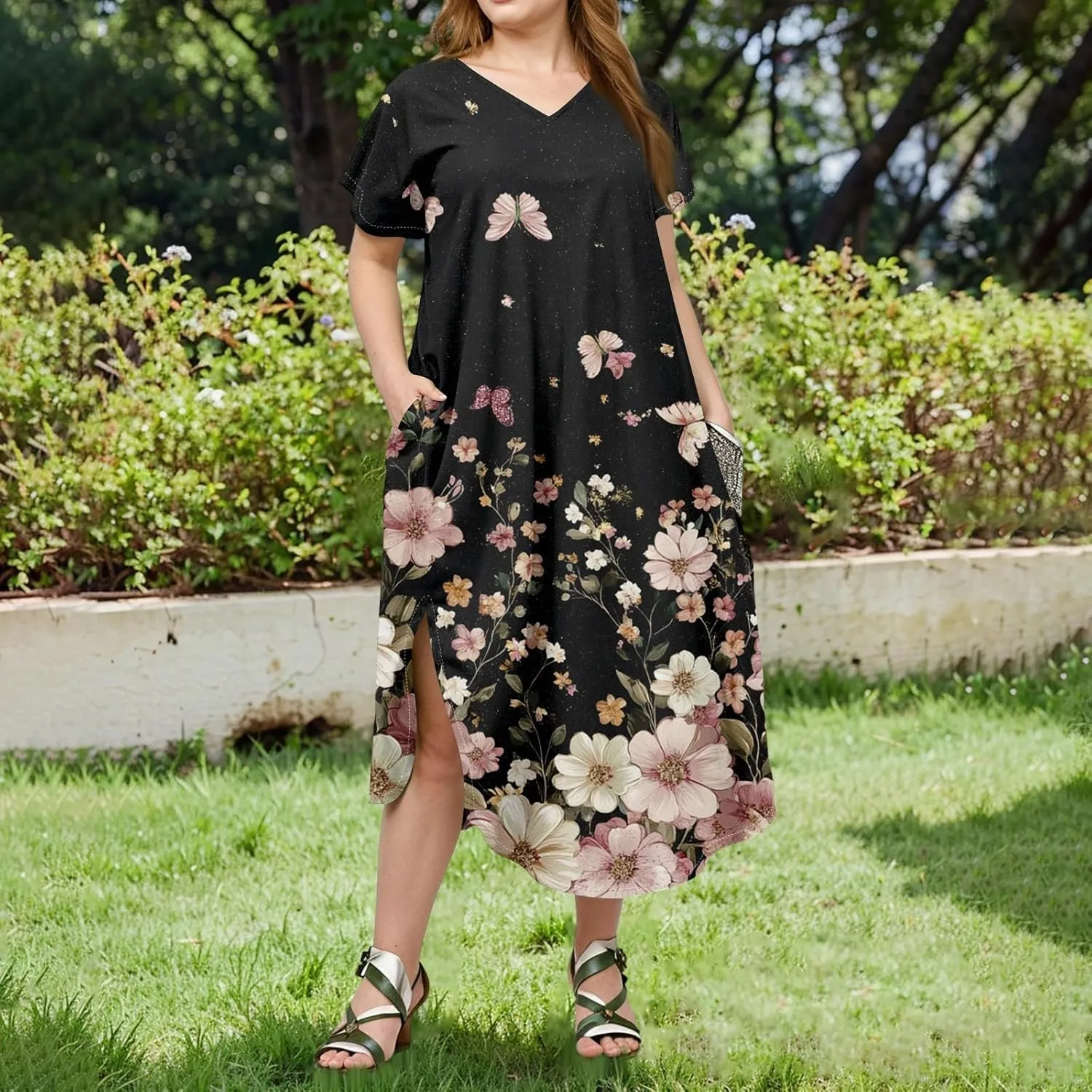 Summer Dresses for Women 2025 Maxi Split Hem Short Sleeve Beachy Dresses with Pockets Trendy Resort V-Neck Outfits
