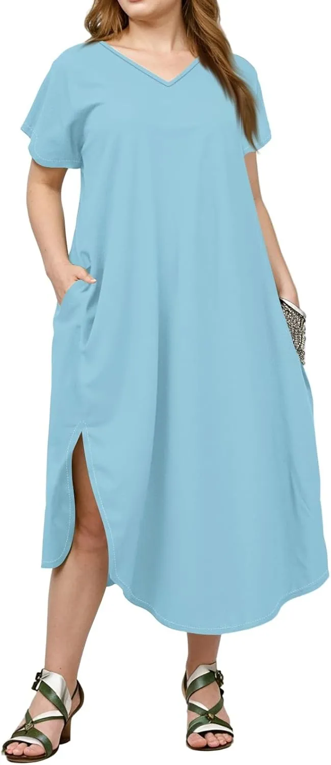 Summer Dresses for Women 2025 Maxi Split Hem Short Sleeve Beachy Dresses with Pockets Trendy Resort V-Neck Outfits